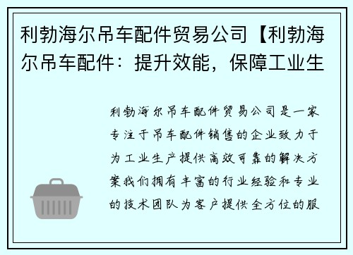 利勃海尔吊车配件贸易公司【利勃海尔吊车配件：提升效能，保障工业生产】